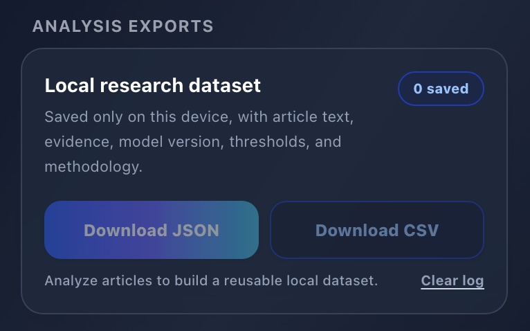 TruScope analysis export controls for downloading a local dataset as JSON or CSV