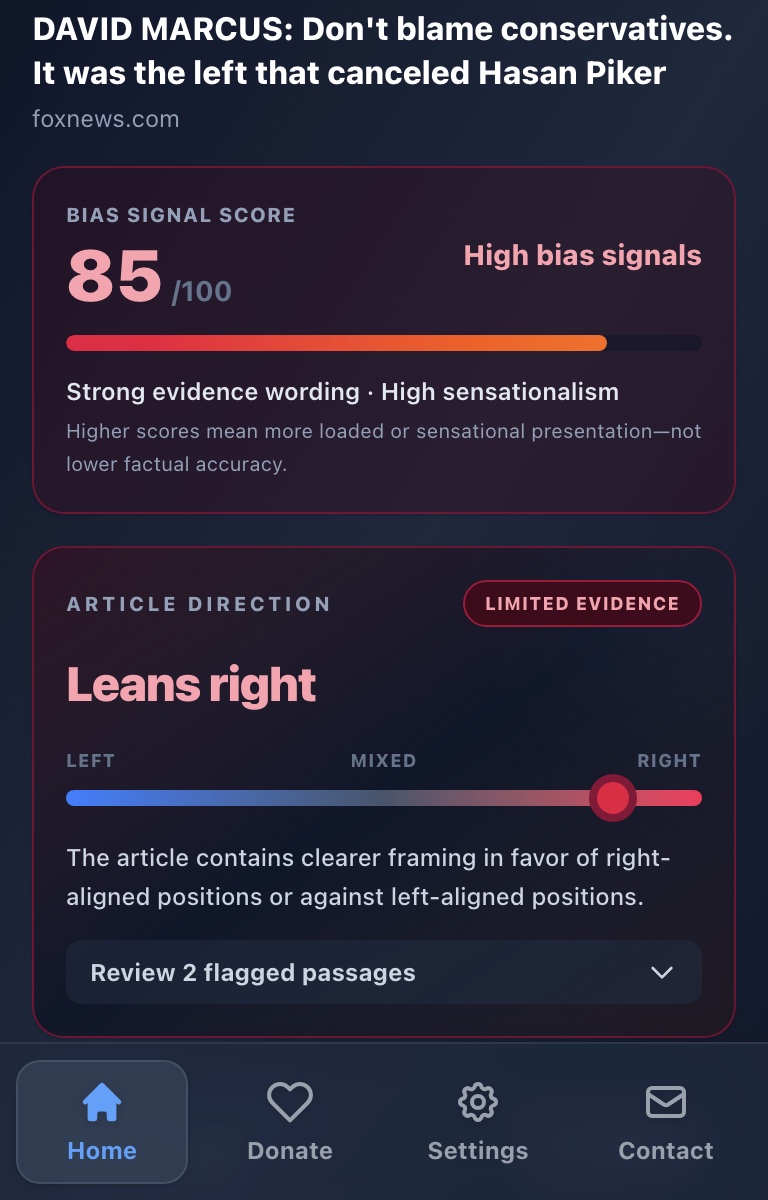 TruScope result showing a bias signal score and article direction