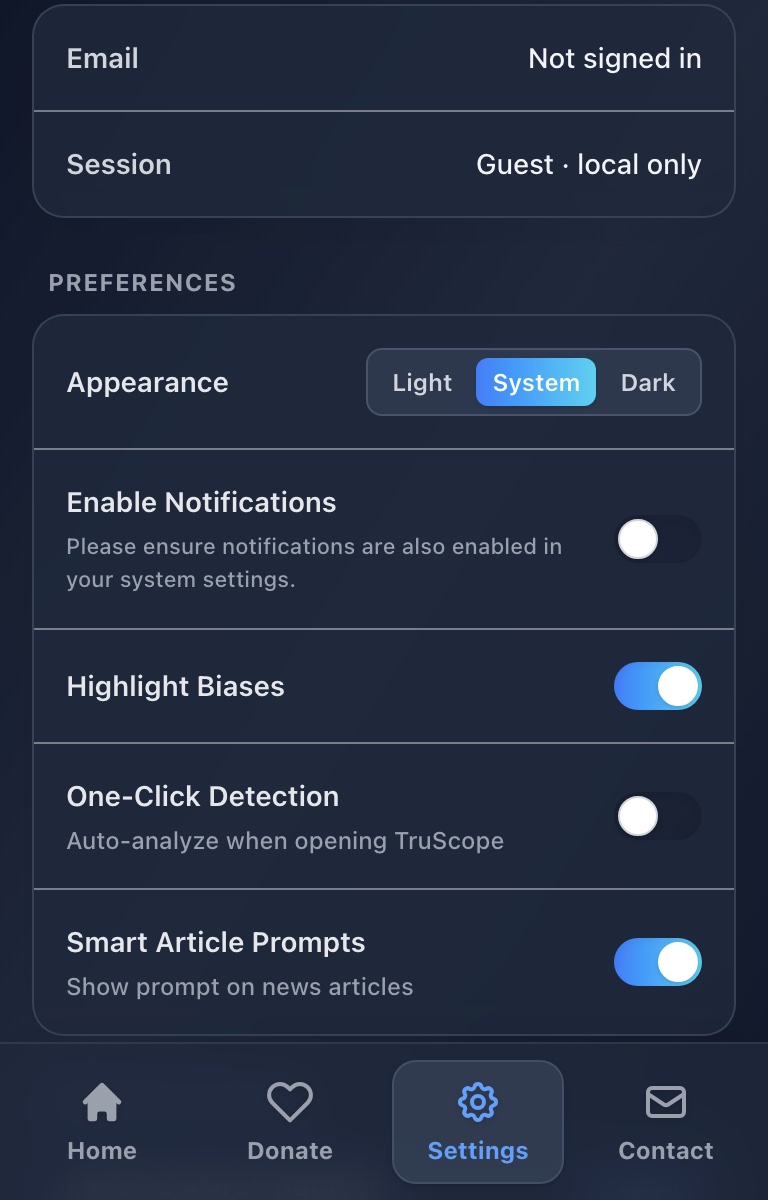 TruScope guest mode and privacy settings
