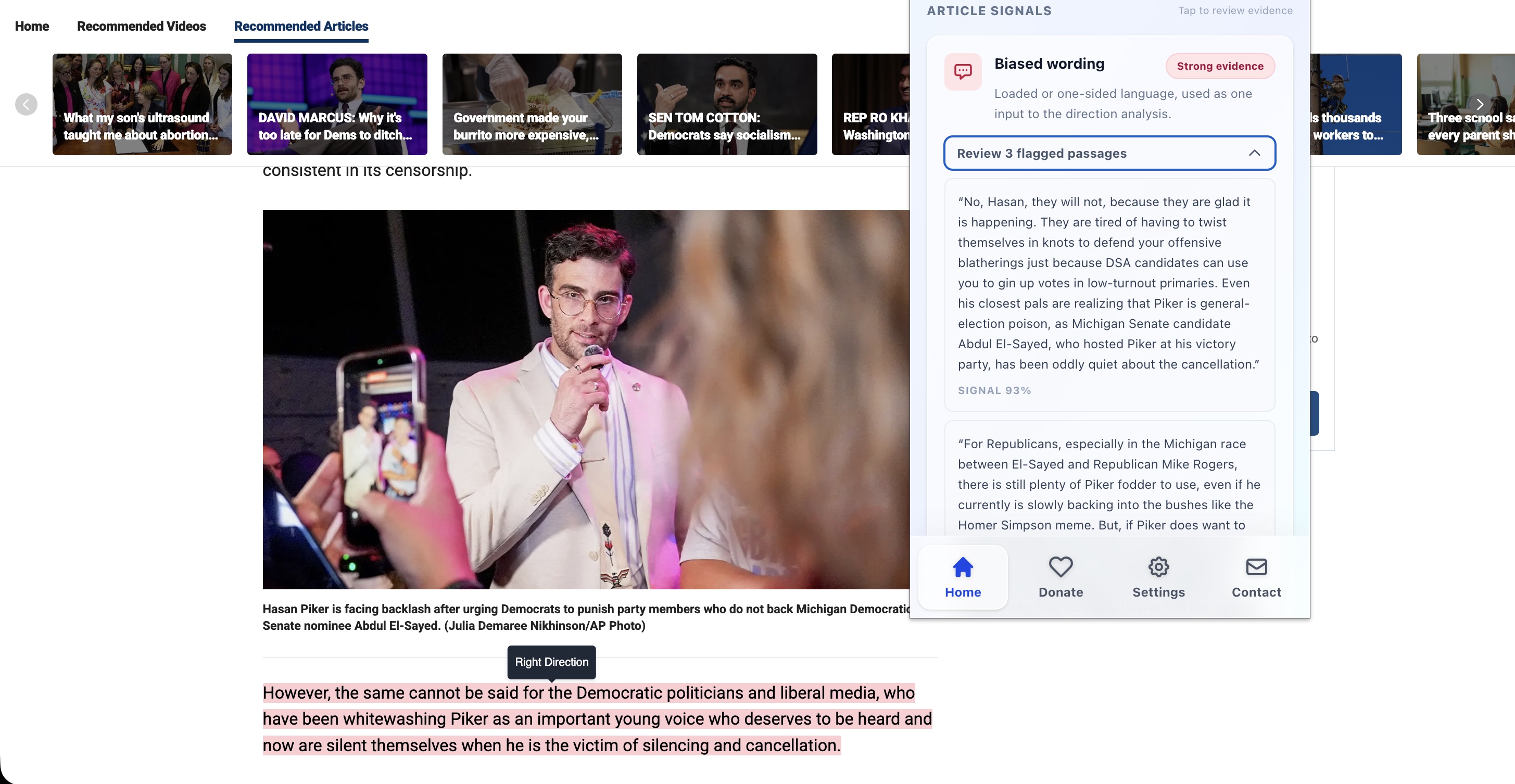 A news article with TruScope evidence and the extension panel visible together